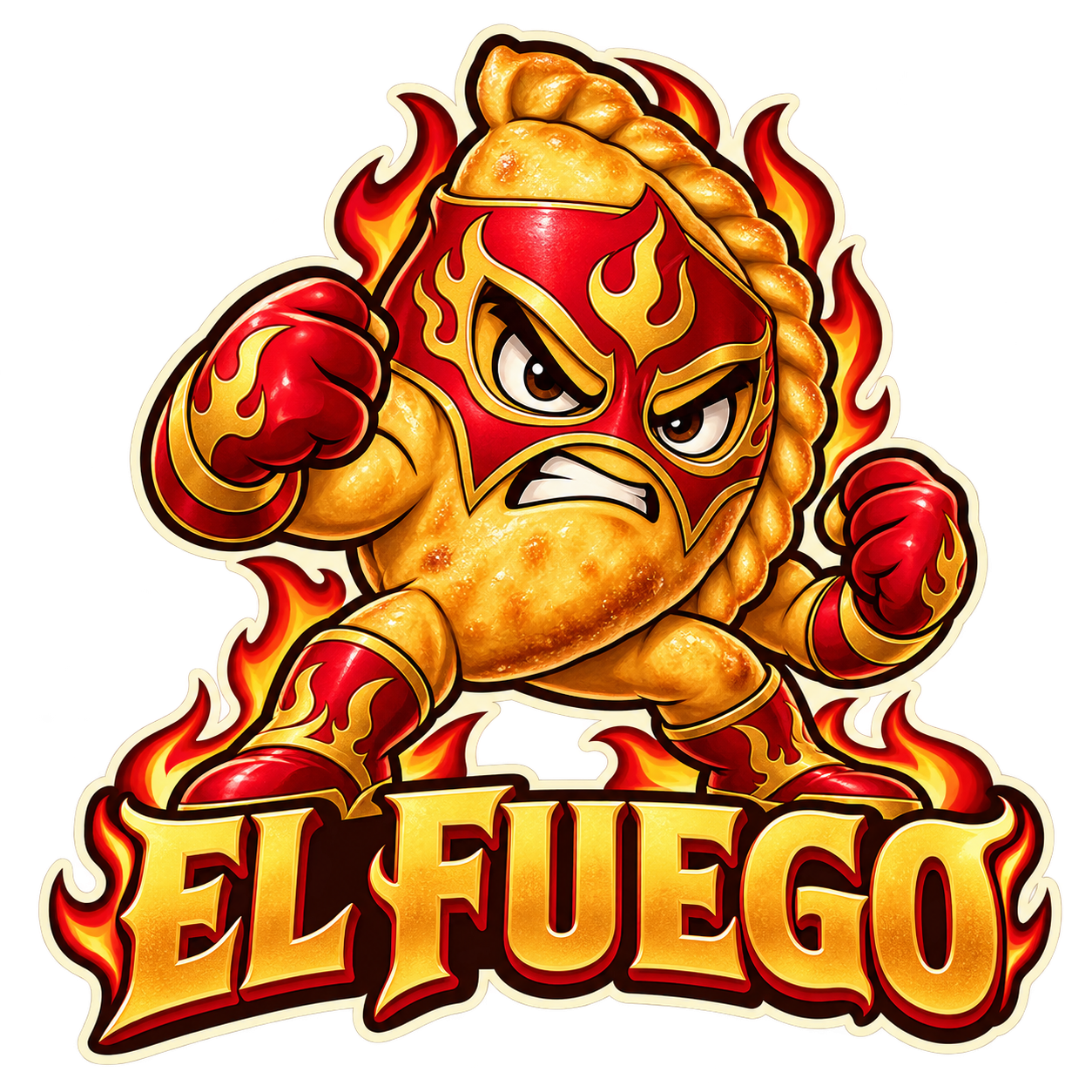 El Fuego, a fiery empanada luchador mascot