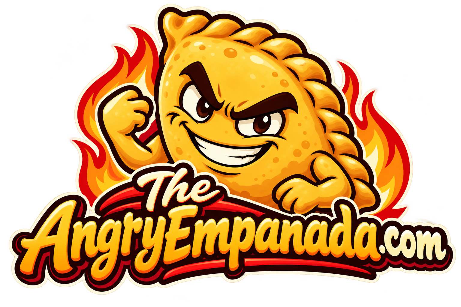 The AngryEmpanada.com logo with an angry golden empanada mascot