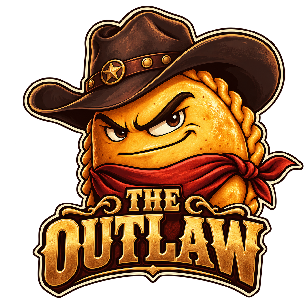 The Outlaw, a cowboy empanada mascot with a hat and bandana